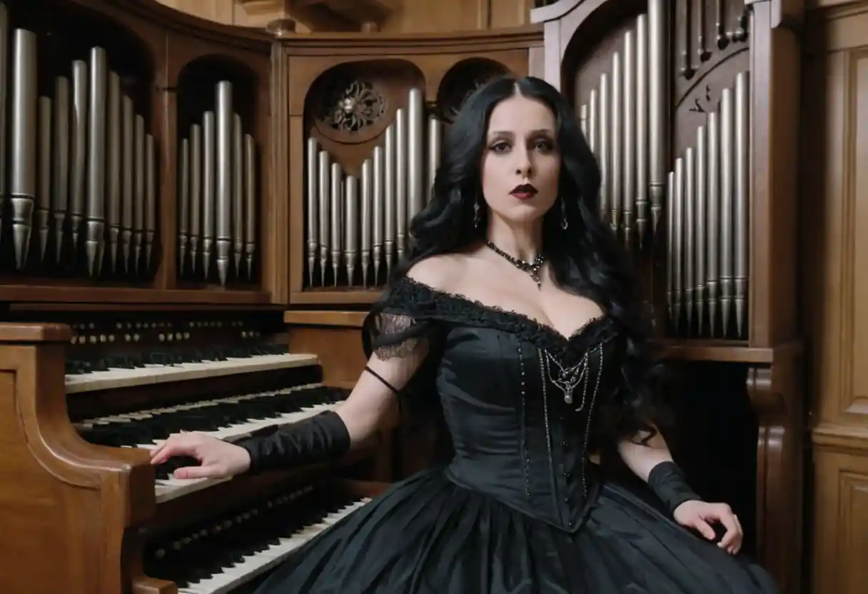 Gothic girl playing a pipe organ in dark interior