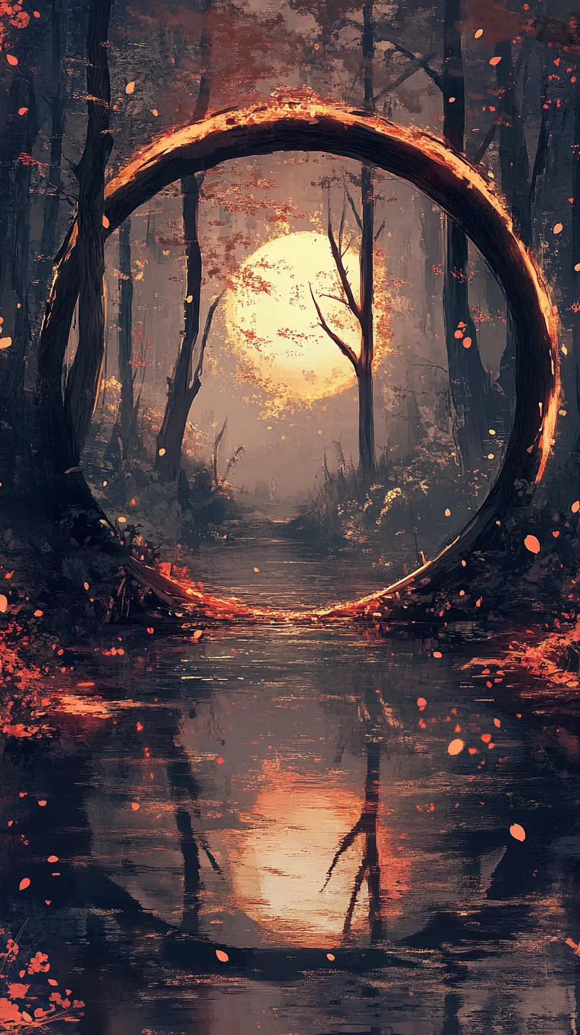 Dark fantasy forest within an ink brushed circular frame