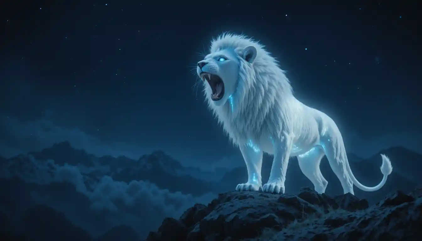 León blanco de ojos azules rugiendo en una montaña por la noche