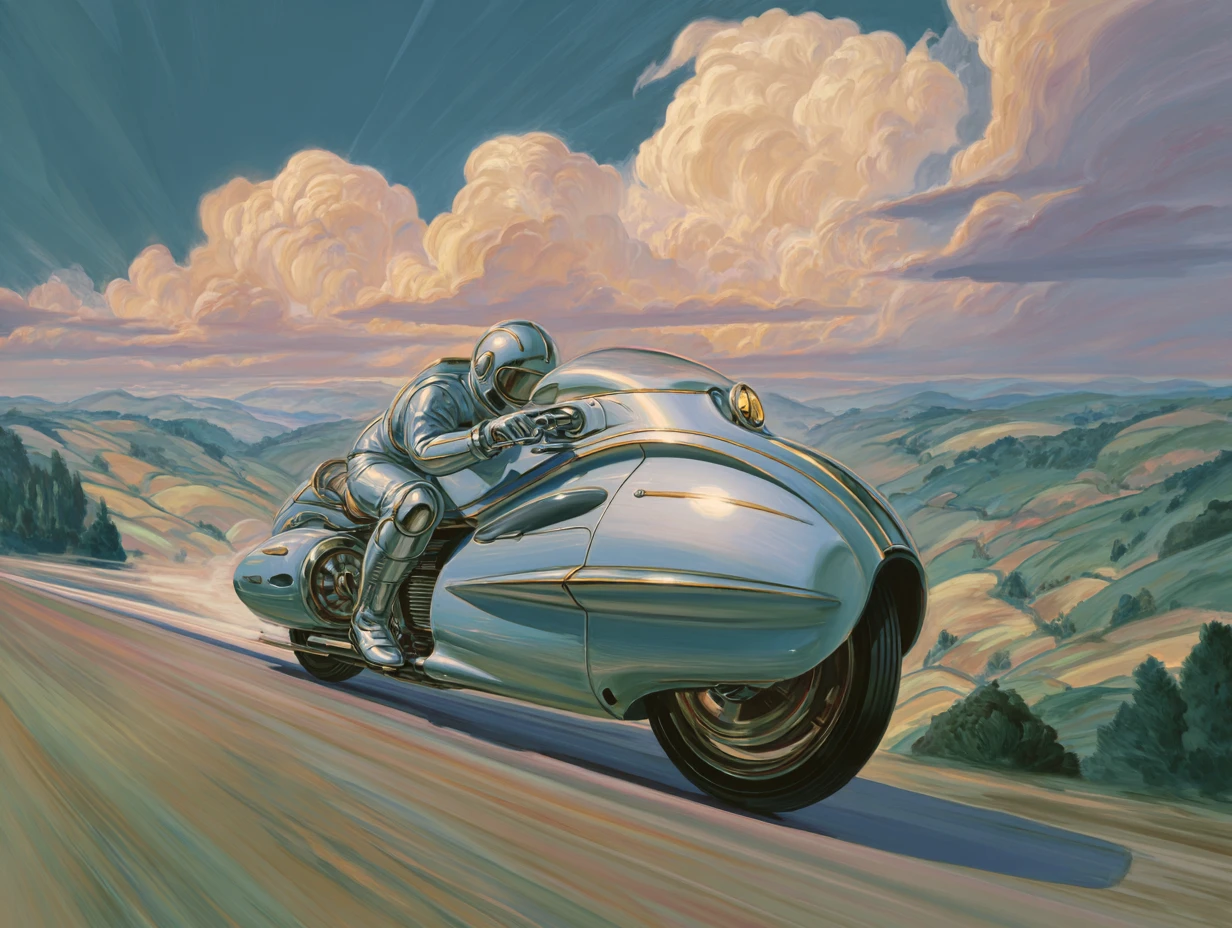 Motocicleta de superhéroe retrofuturista corriendo entre colinas suaves
