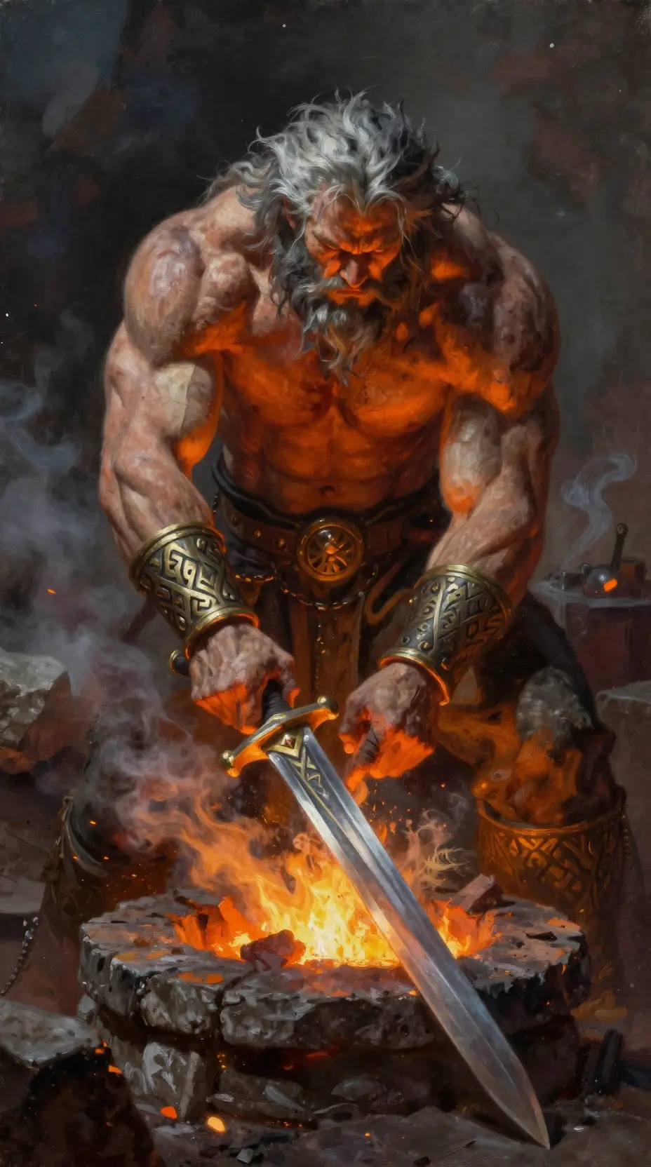 Mythic blacksmith forging a glowing divine sword