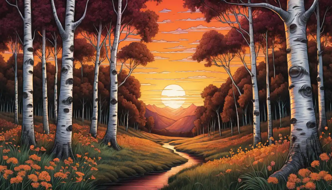 Sunset birch forest with mimosa flowers in rich colors