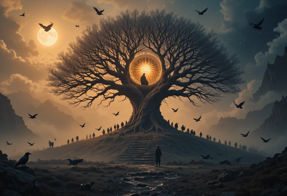 Cuervos rodeando un árbol del mundo místico entre niebla a la luz de la luna
