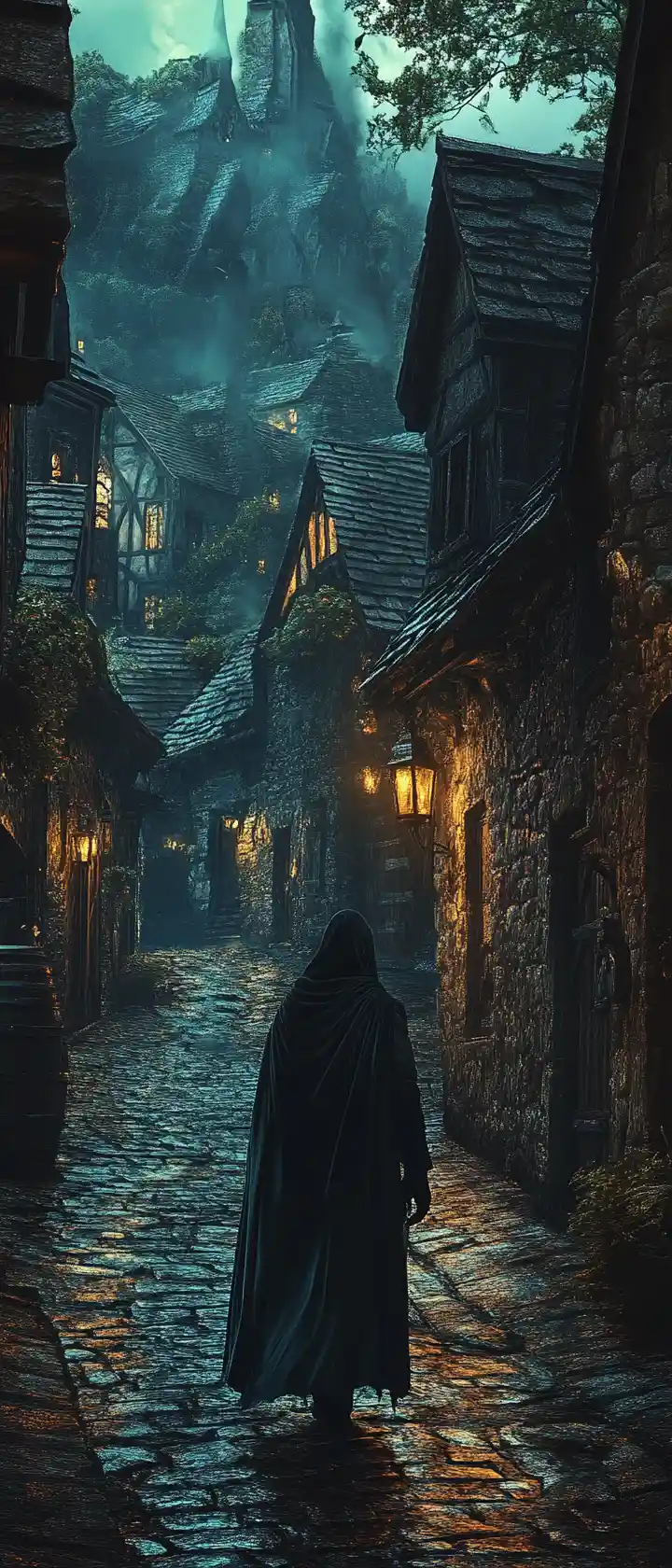 Medieval night watchman walking along wet lamplit street