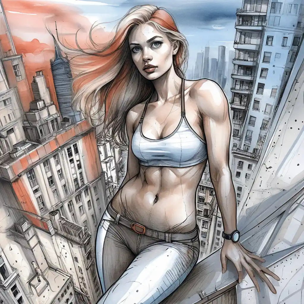 Athletic blonde heroine on urban rooftop in bright sunlight