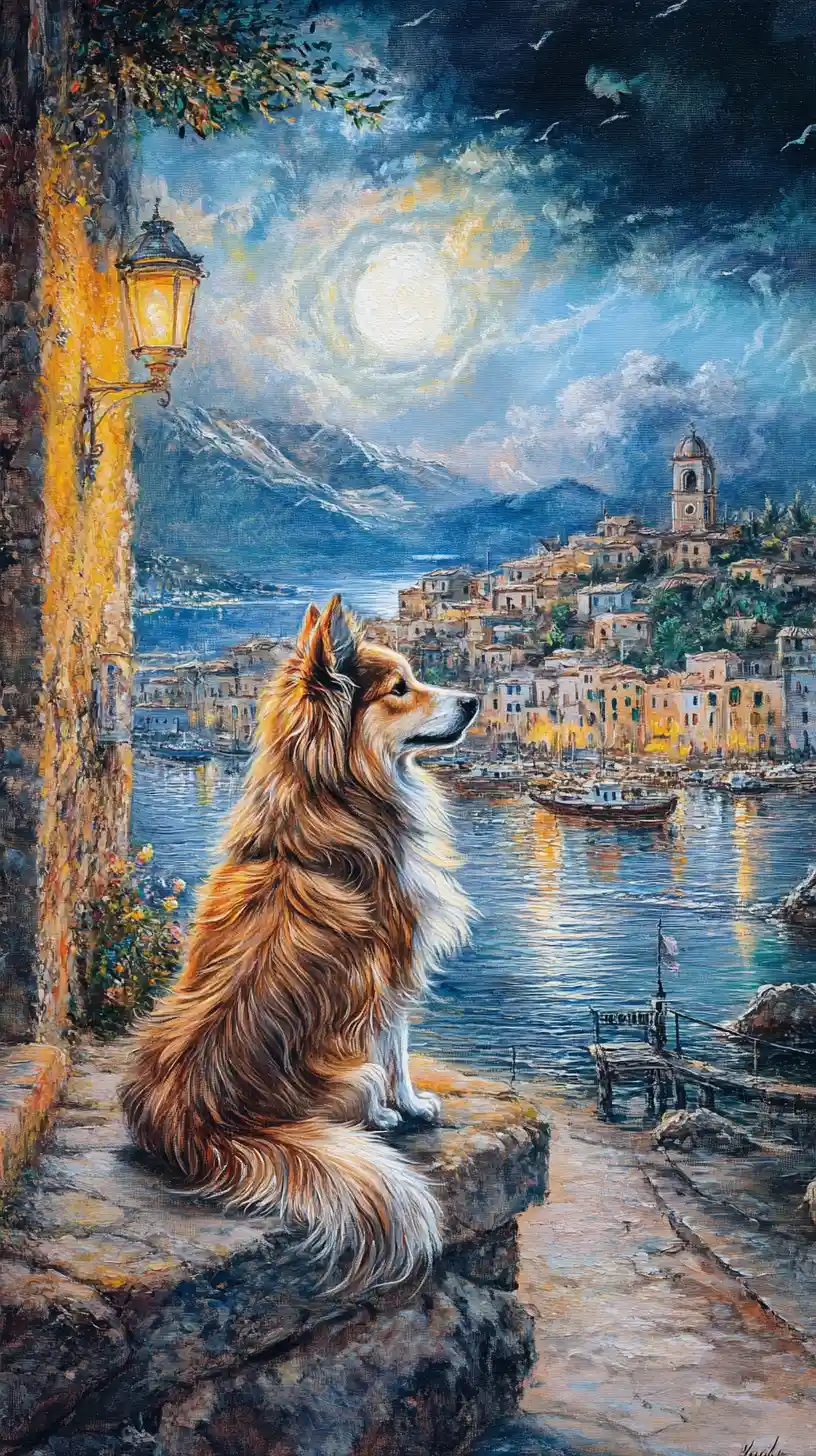 Glass artwork of a collie dog on a quiet night street