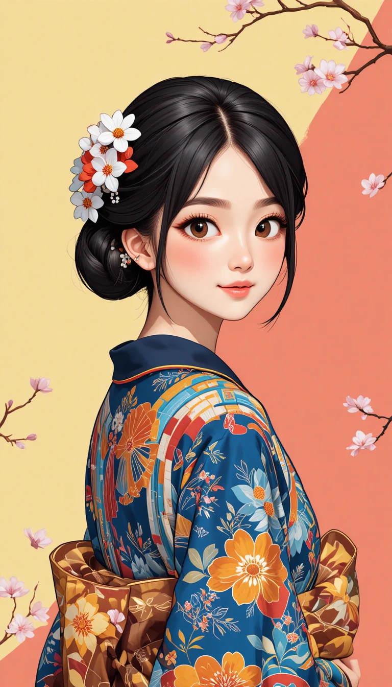 Jeune fille japonaise en kimono fleuri illustration manga