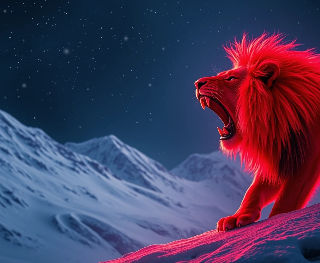 León rojo rugiendo en una montaña nevada de noche