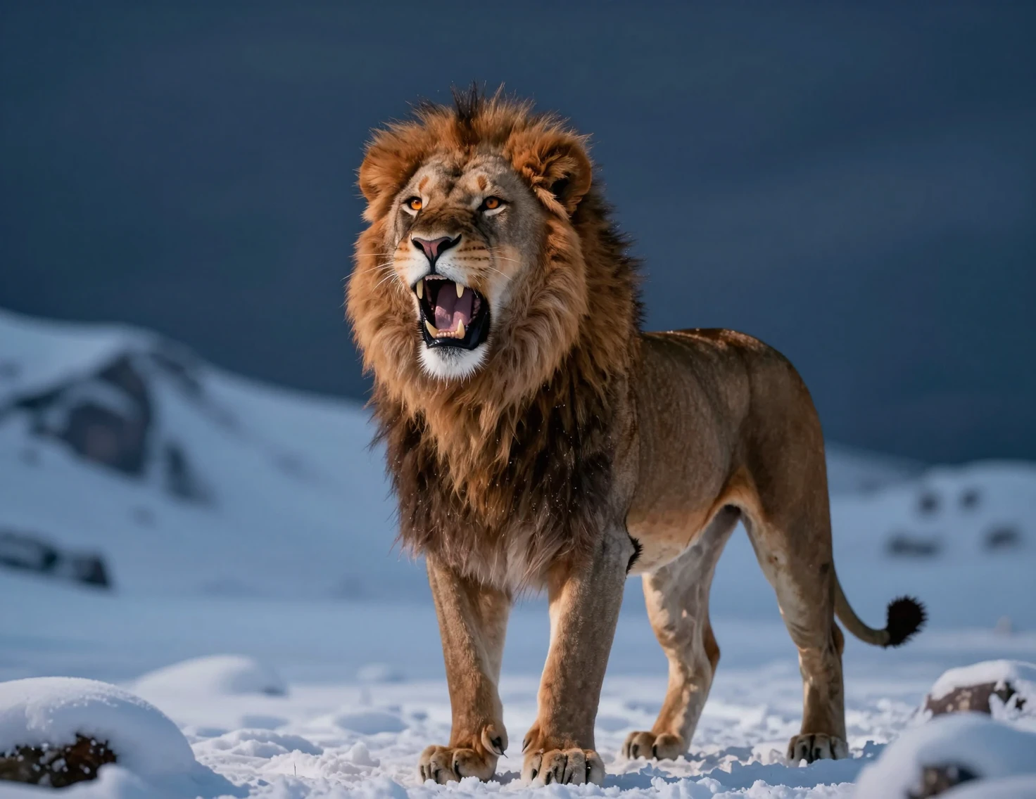 León rojo rugiendo en una montaña nevada de noche