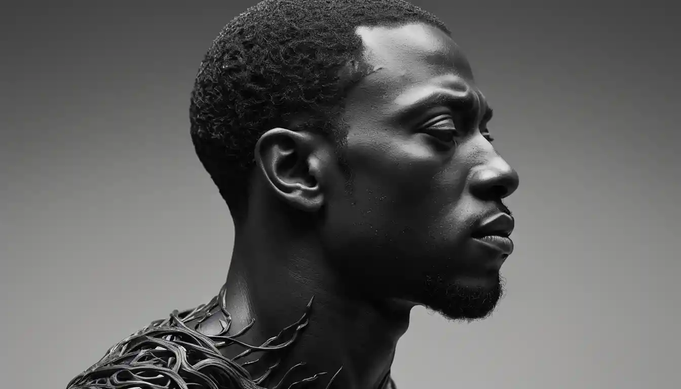 Portrait monochrome de profil d’un homme comme sculpture vivante