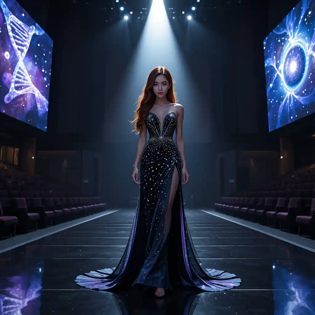Korean beauty queen in black astrophysics themed evening gown