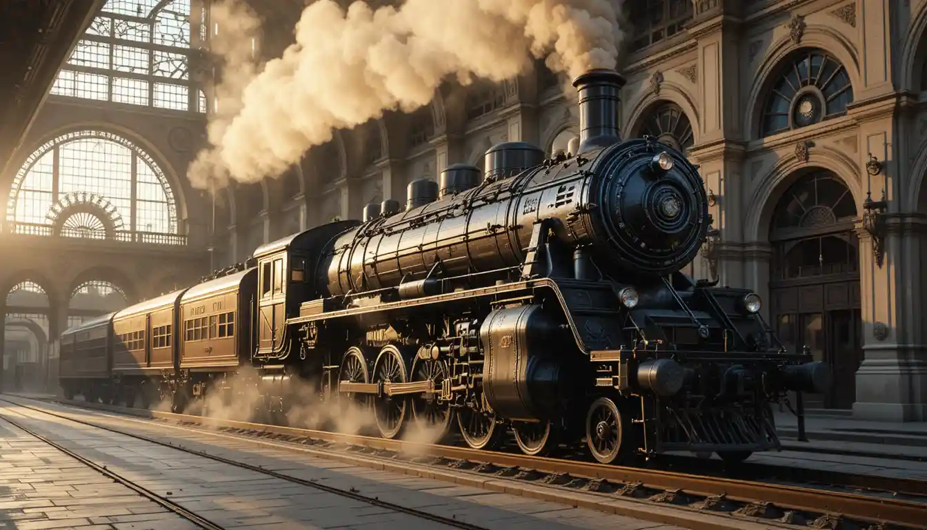 Locomotiva a vapore in una grande stazione storica nella luce dorata