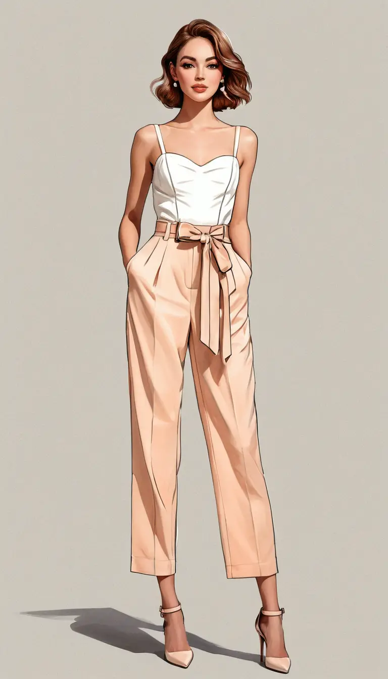 Elegant woman in peach jumpsuit fashion illustration