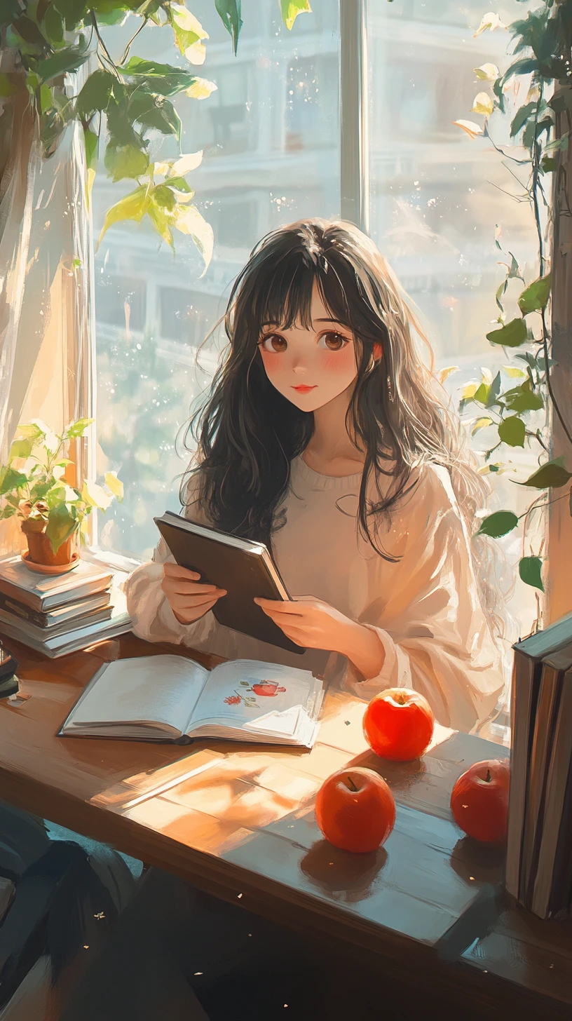 Anime girl reading by a warm sunlit window