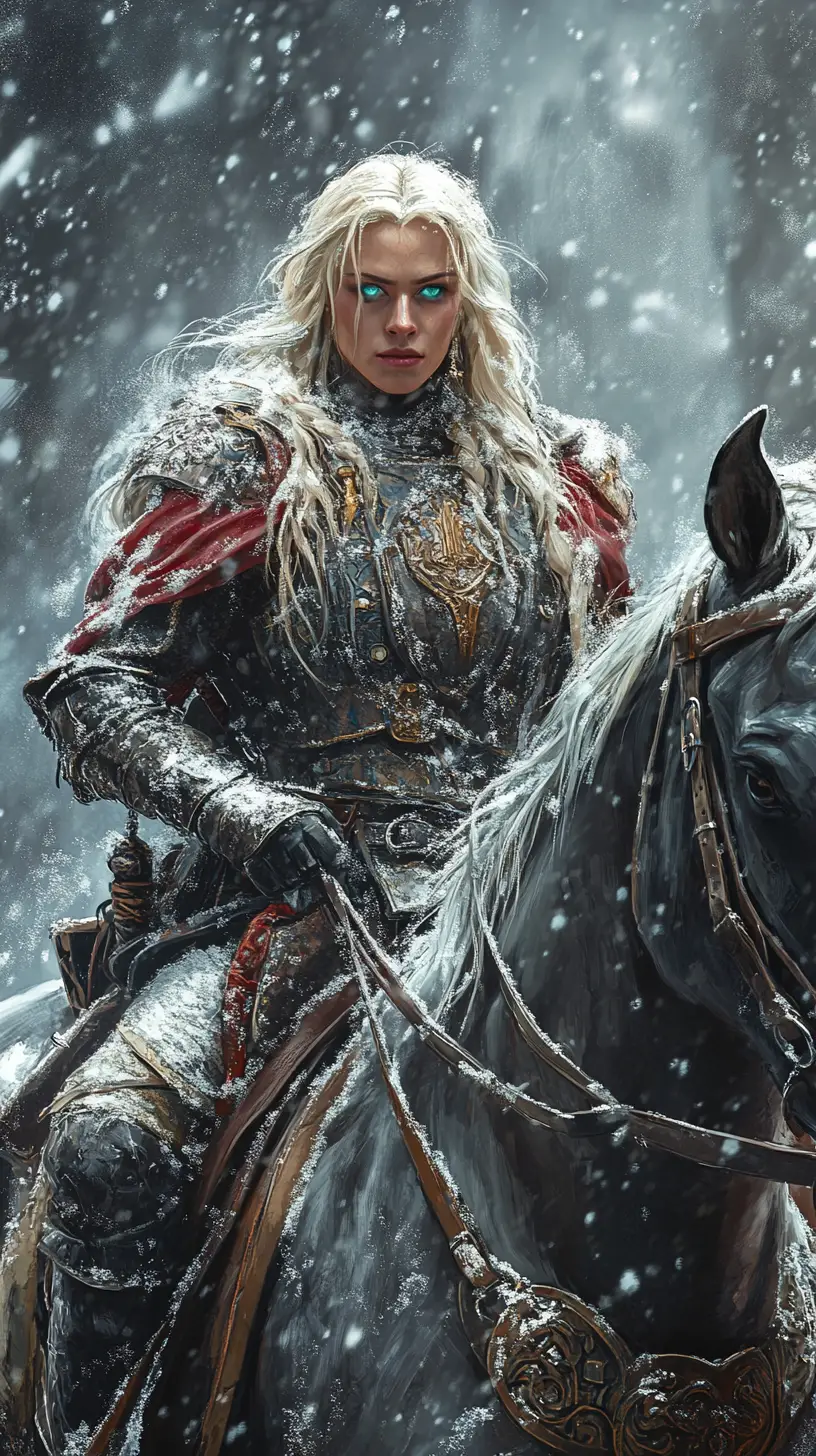 Blonde warrior woman on horseback in a raging snowstorm