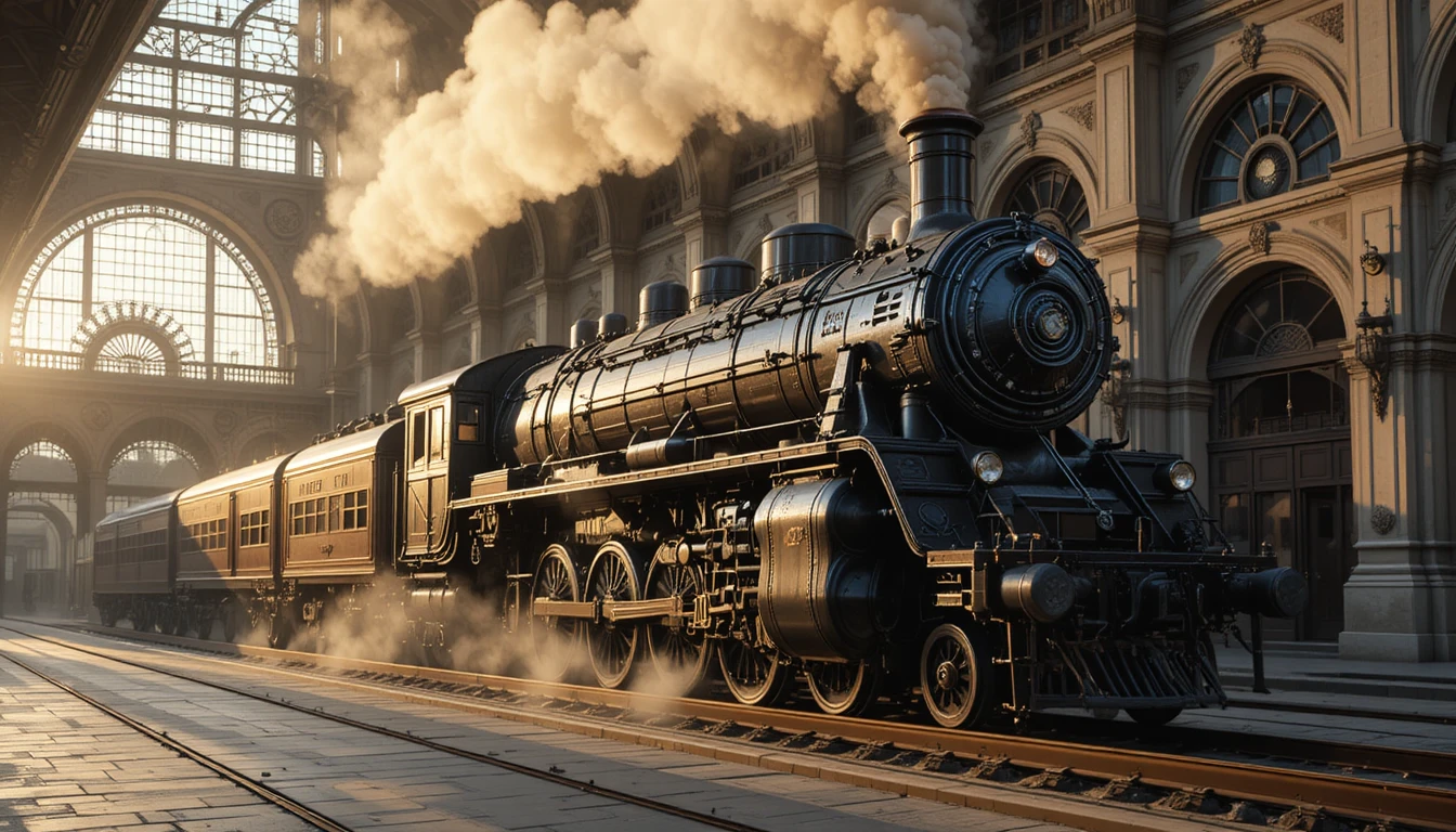 Dampflokomotive im goldenen Licht an einem prachtvollen historischen Bahnhof