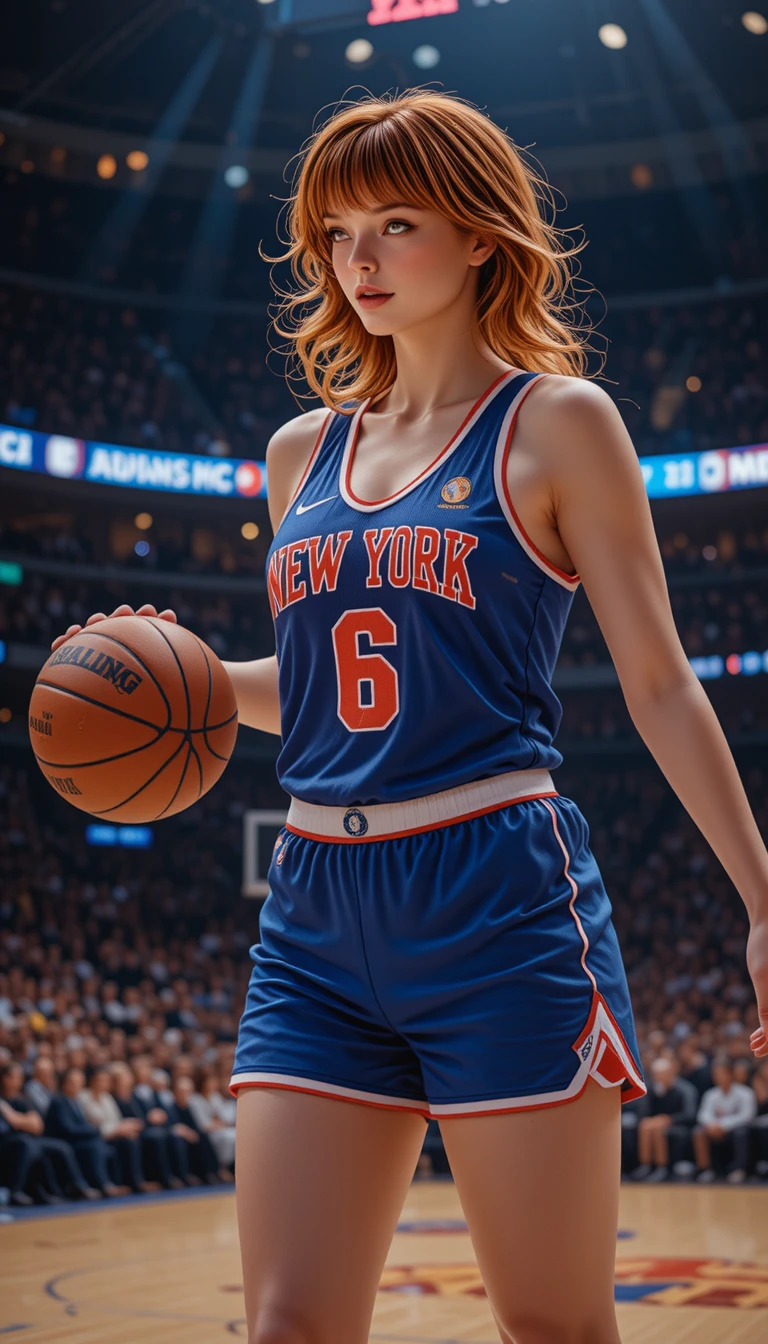 Rothaarige Frau spielt Basketball in einer vollen Arena