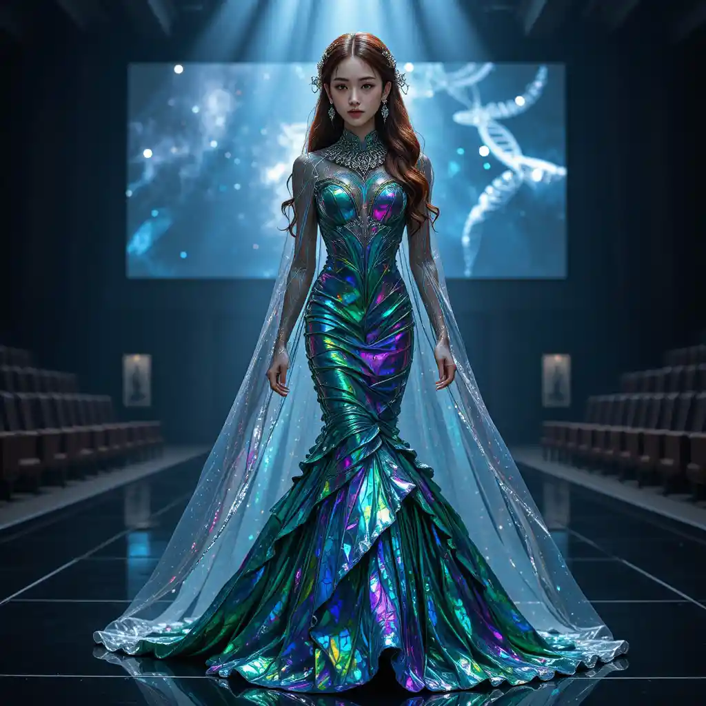 Korean beauty queen in iridescent insect inspired couture gown