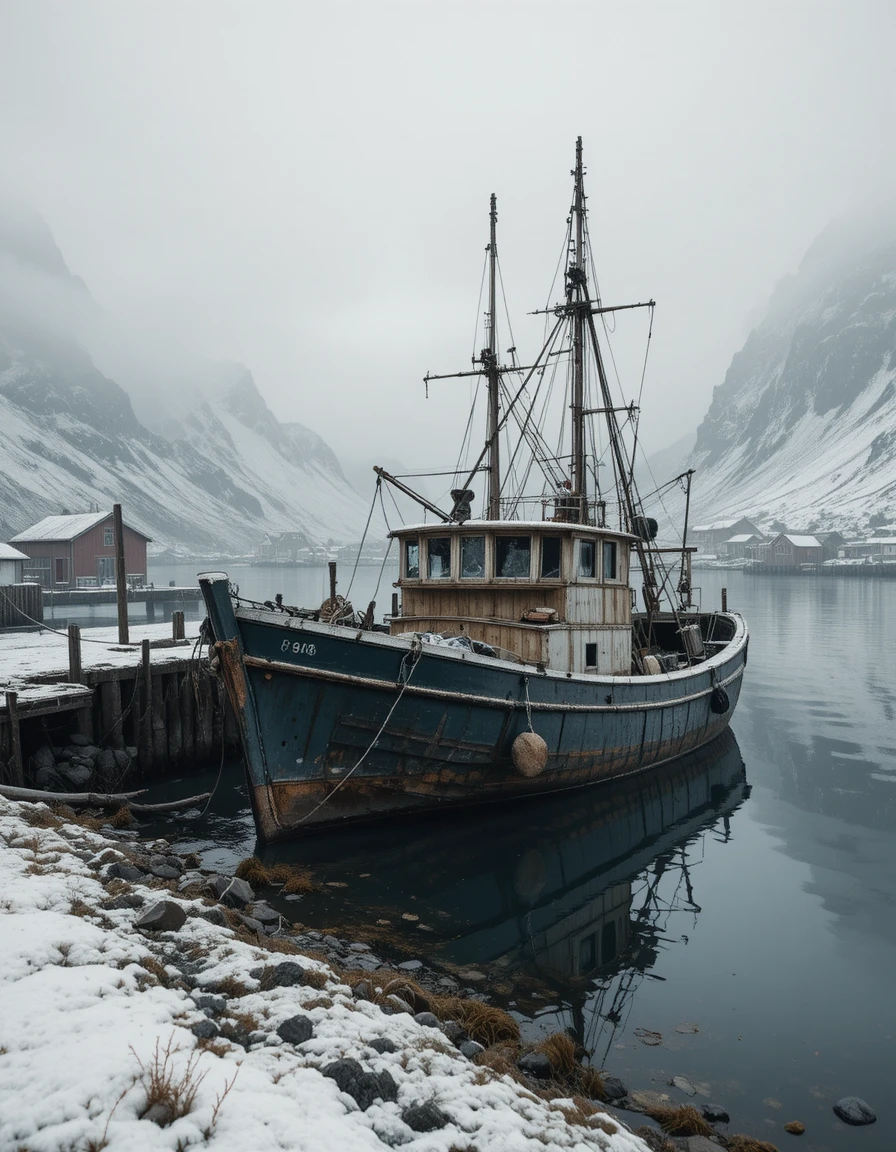 Old fishing boat in a misty arctic harbor at dusk