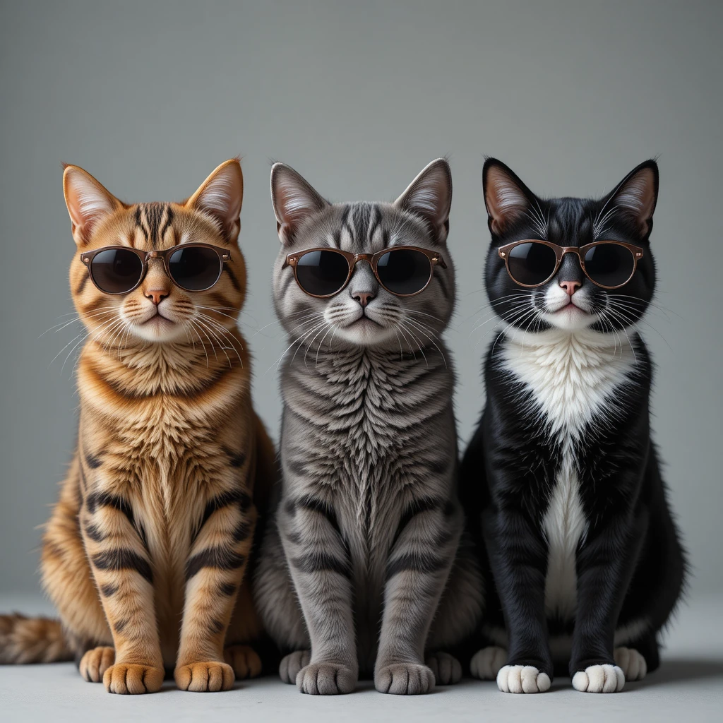 Tres gatos con estilo con gafas de sol sentados juntos
