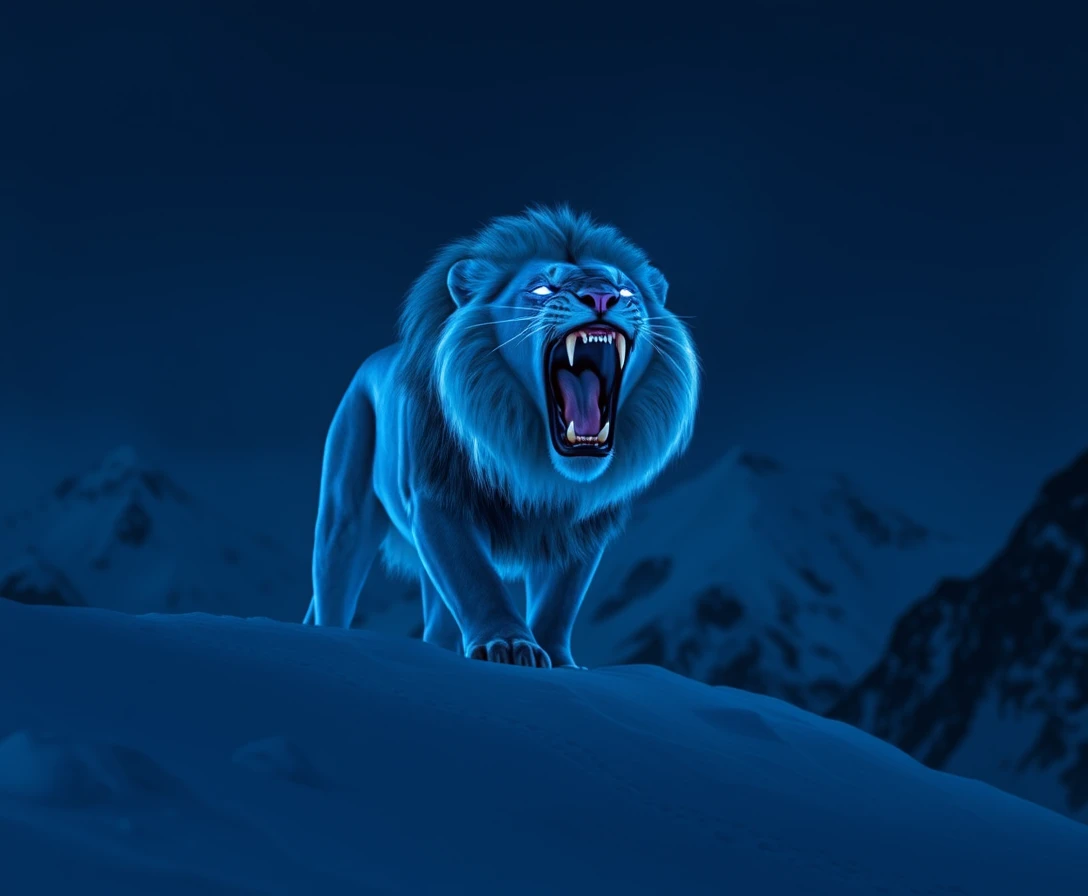 León azul rugiendo en una montaña nevada de noche