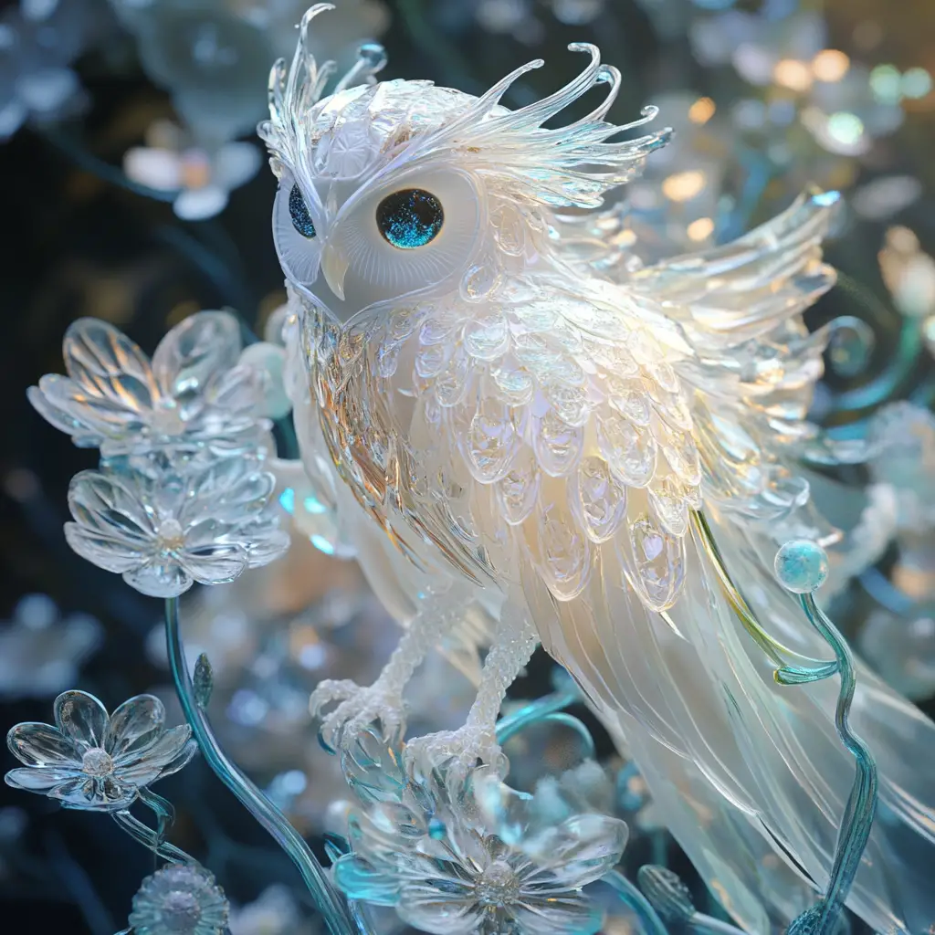 Skeletal owl with iridescent glass mane in flower field
