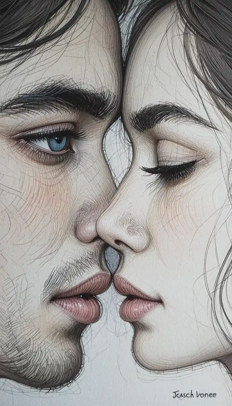 Expressive close up painting of a man and woman