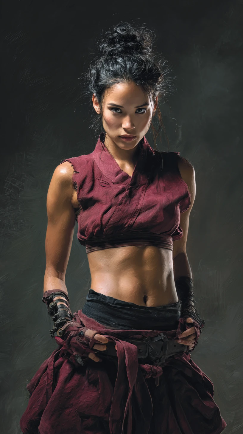 Asian warrior woman with katana in dark smoky scene