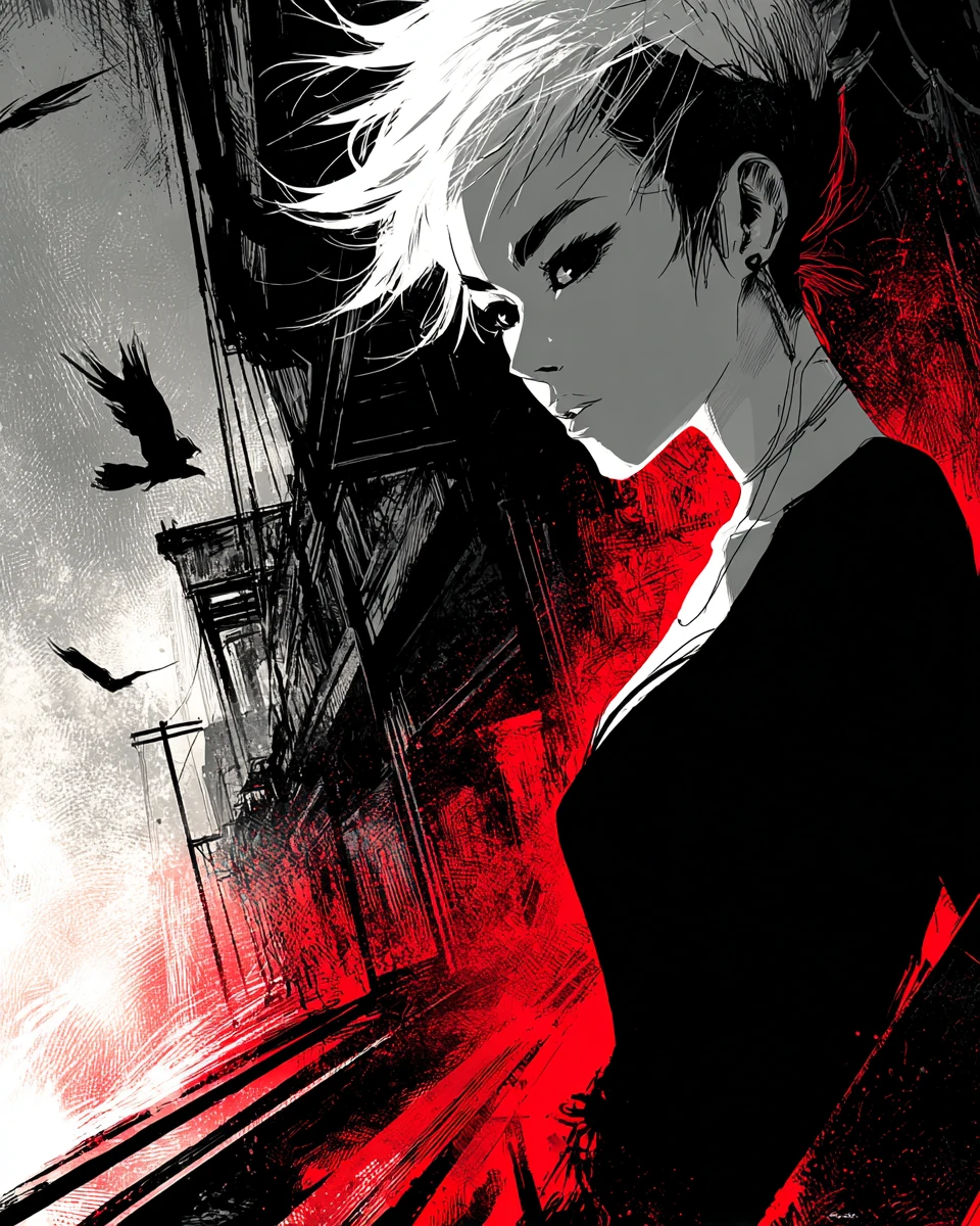 White haired woman on a moody pier under red streetlight