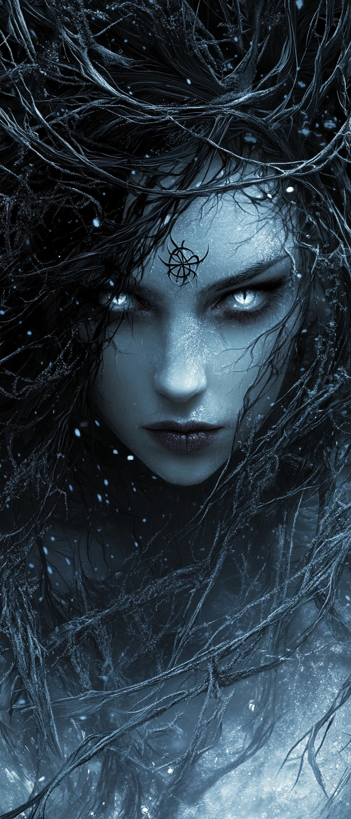 Sinister snow skinned sorceress in an icy dark forest