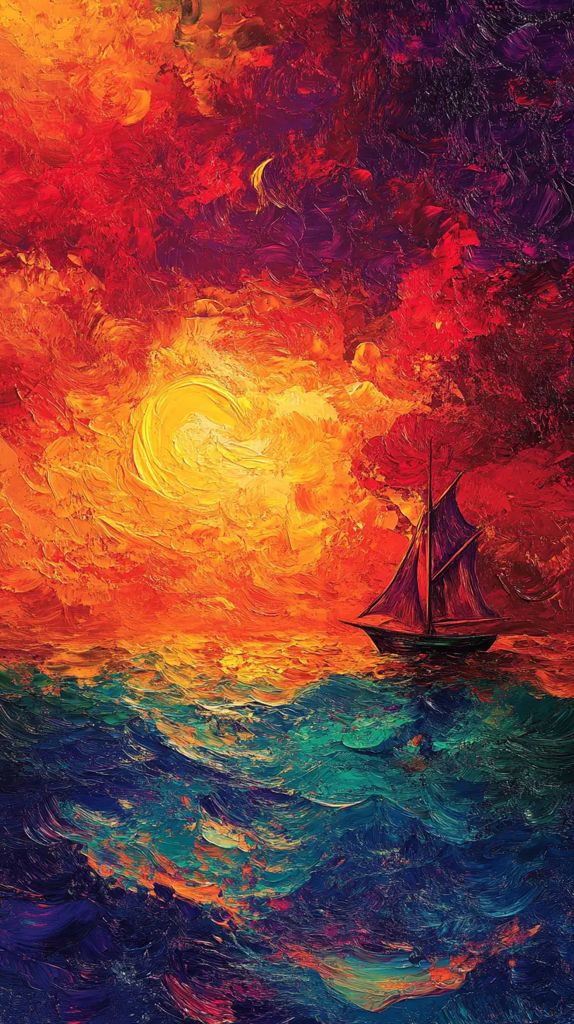 Dramatic red sea sunset with sailing ship at night