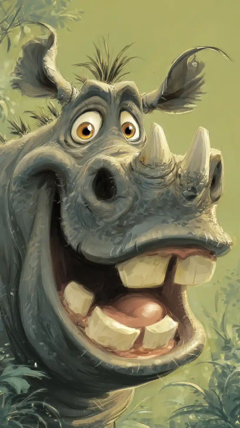 Cute cartoon rhino smiling in a bright forest scene