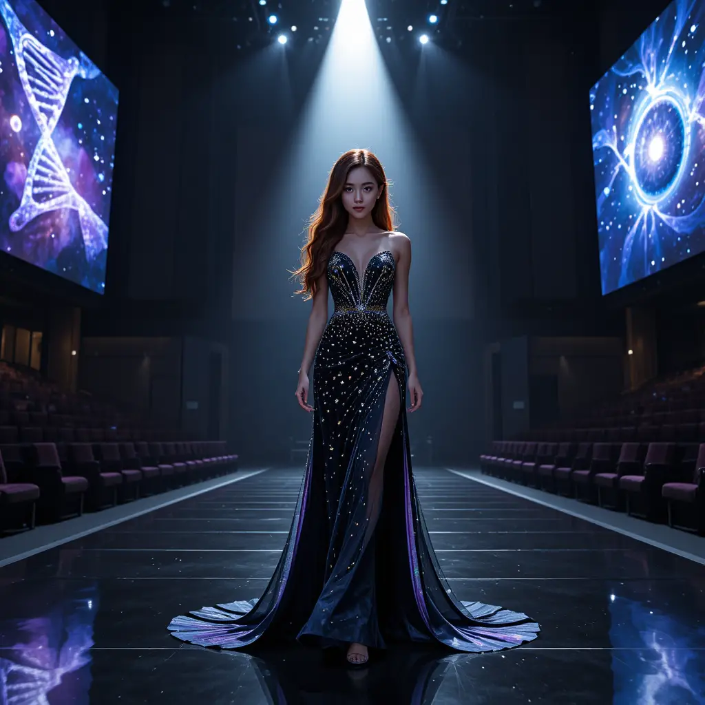 Reina de belleza coreana con vestido de noche negro de temática de astrofísica