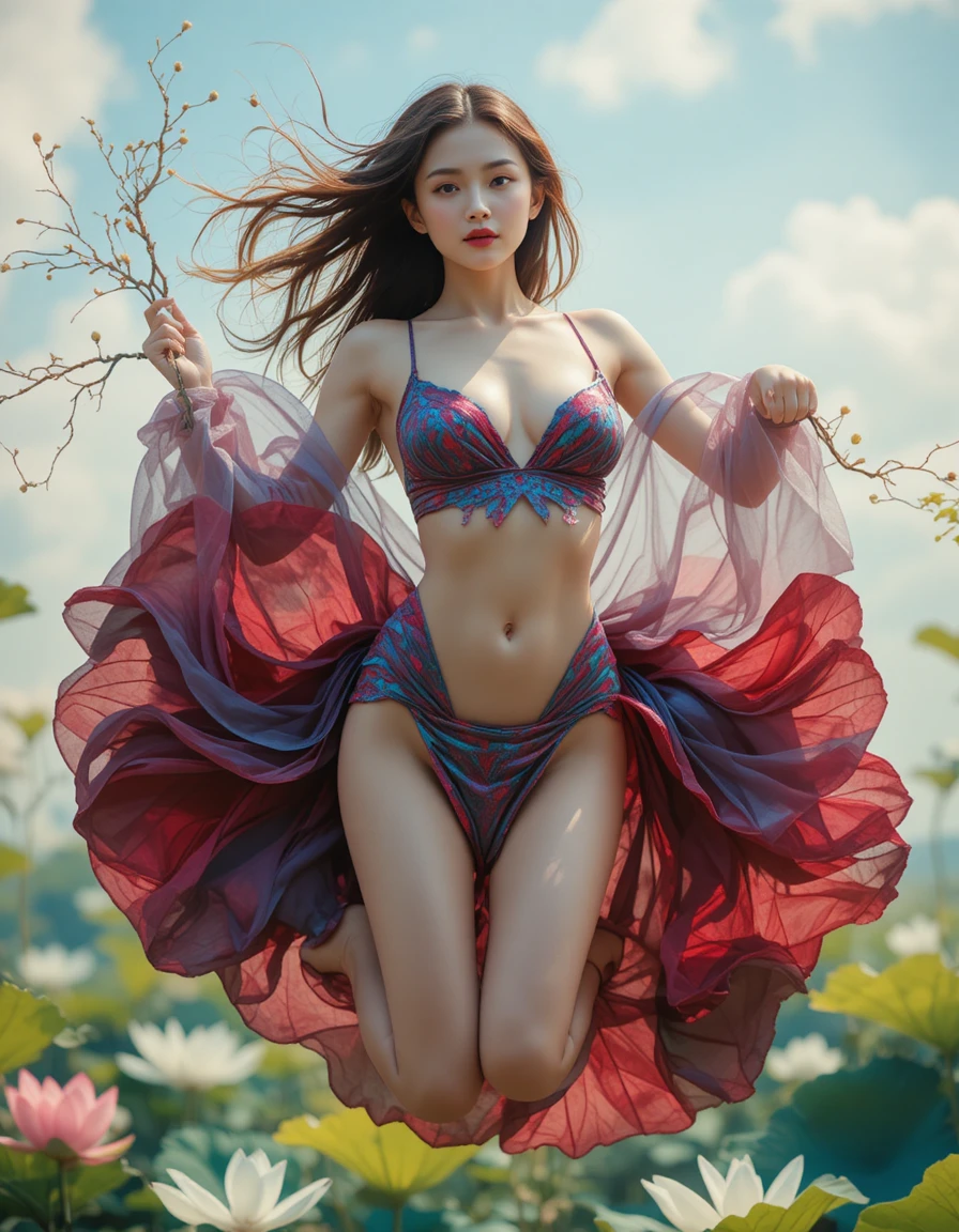 Sensual woman jumping in lotus leaves inspired outfit
