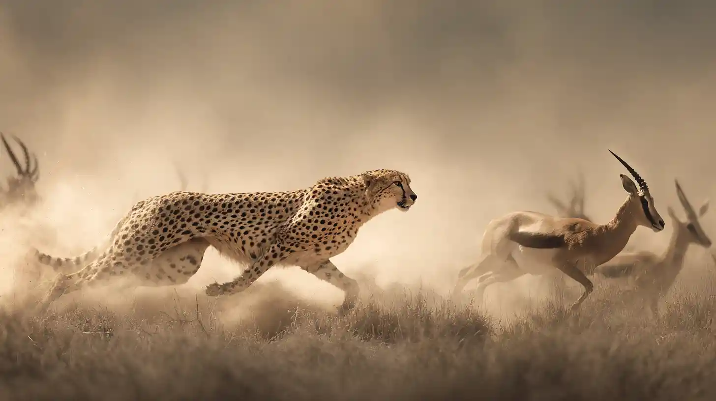 Cheetah sprinting after gazelle across dusty African plains