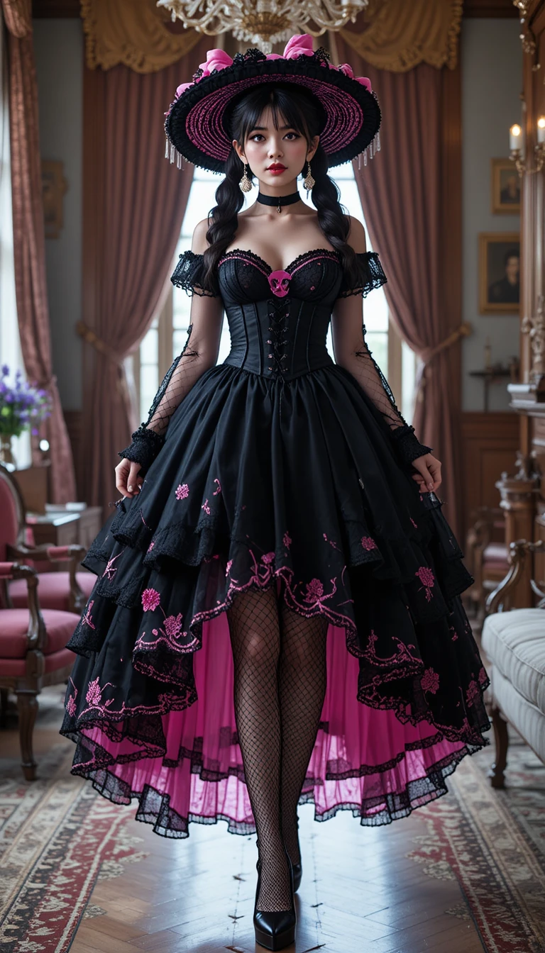 Gothic korean woman in black victorian gown standing in parlor