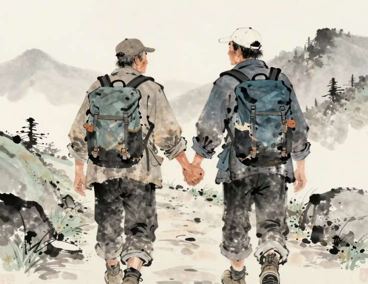 Due uomini che camminano mano nella mano su un sentiero di montagna