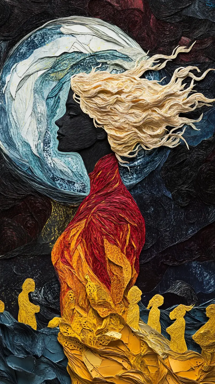 Mystical paper art portrait of a woman in scarlet hood