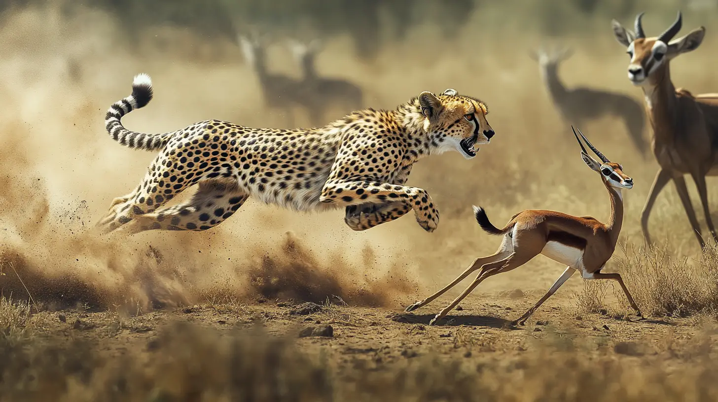 Cheetah chasing a gazelle across dusty African plains