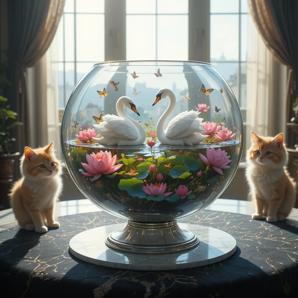 Gatto curioso che osserva cigni di loto in una coppa di cristallo