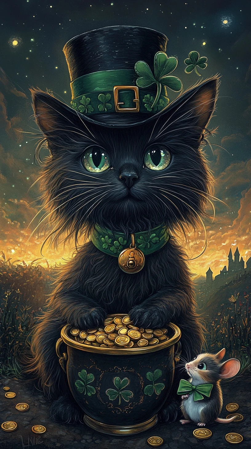 Shaggy black cat in top hat with pot of gold
