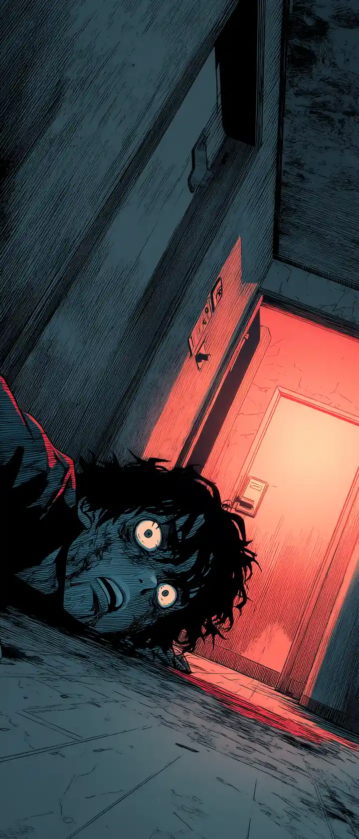 Anime boy reaching toward a glowing door in darkness