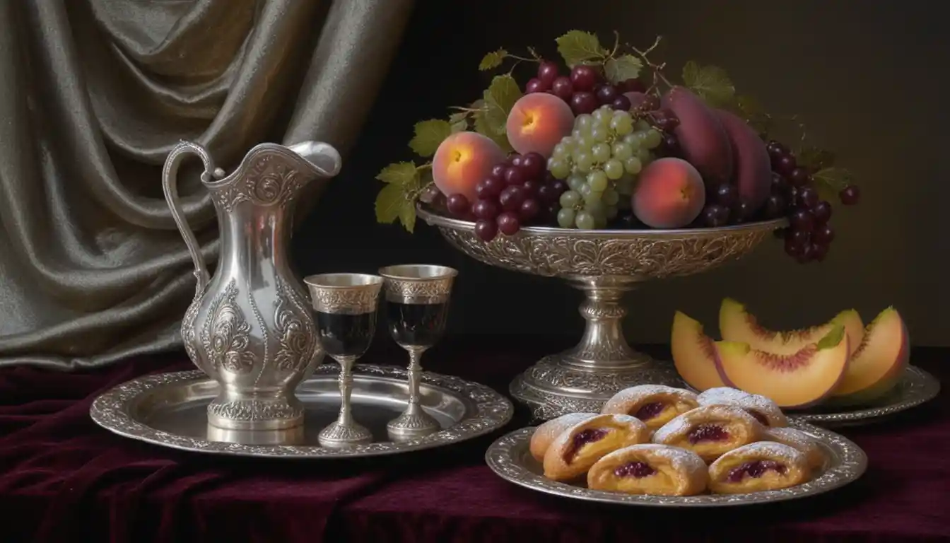 Bodegón clásico de frutas y pasteles sobre bandejas de plata