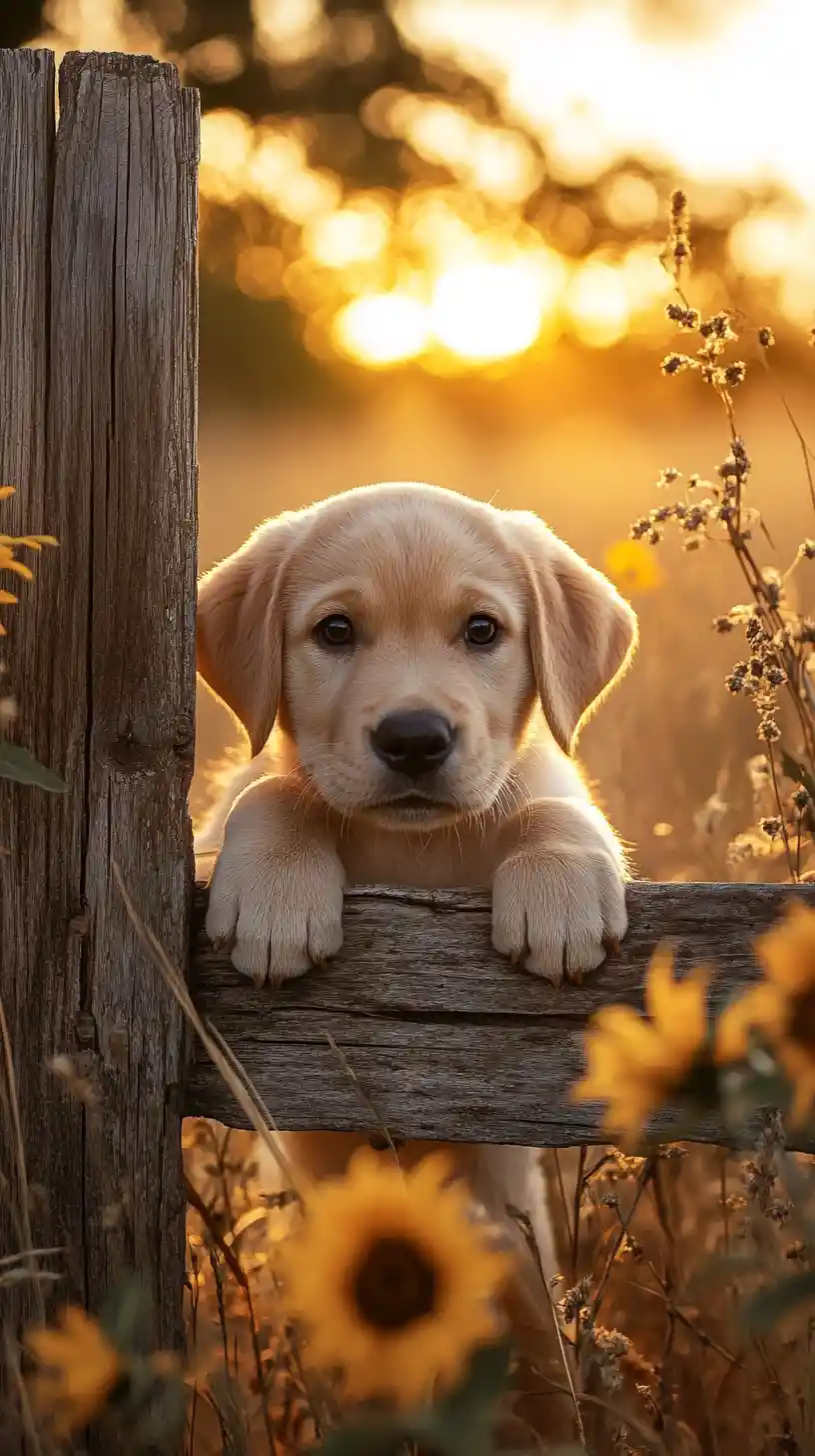 Golden labrador puppy at a wooden fence at sunset
