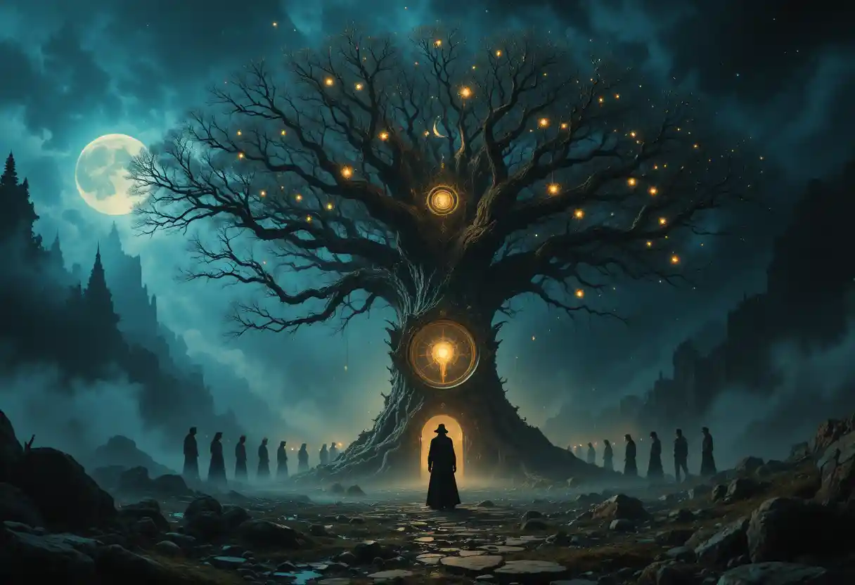 Raven father whispering around a misty world tree