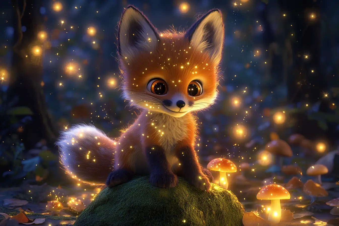 Curious baby fox in an enchanted twilight forest