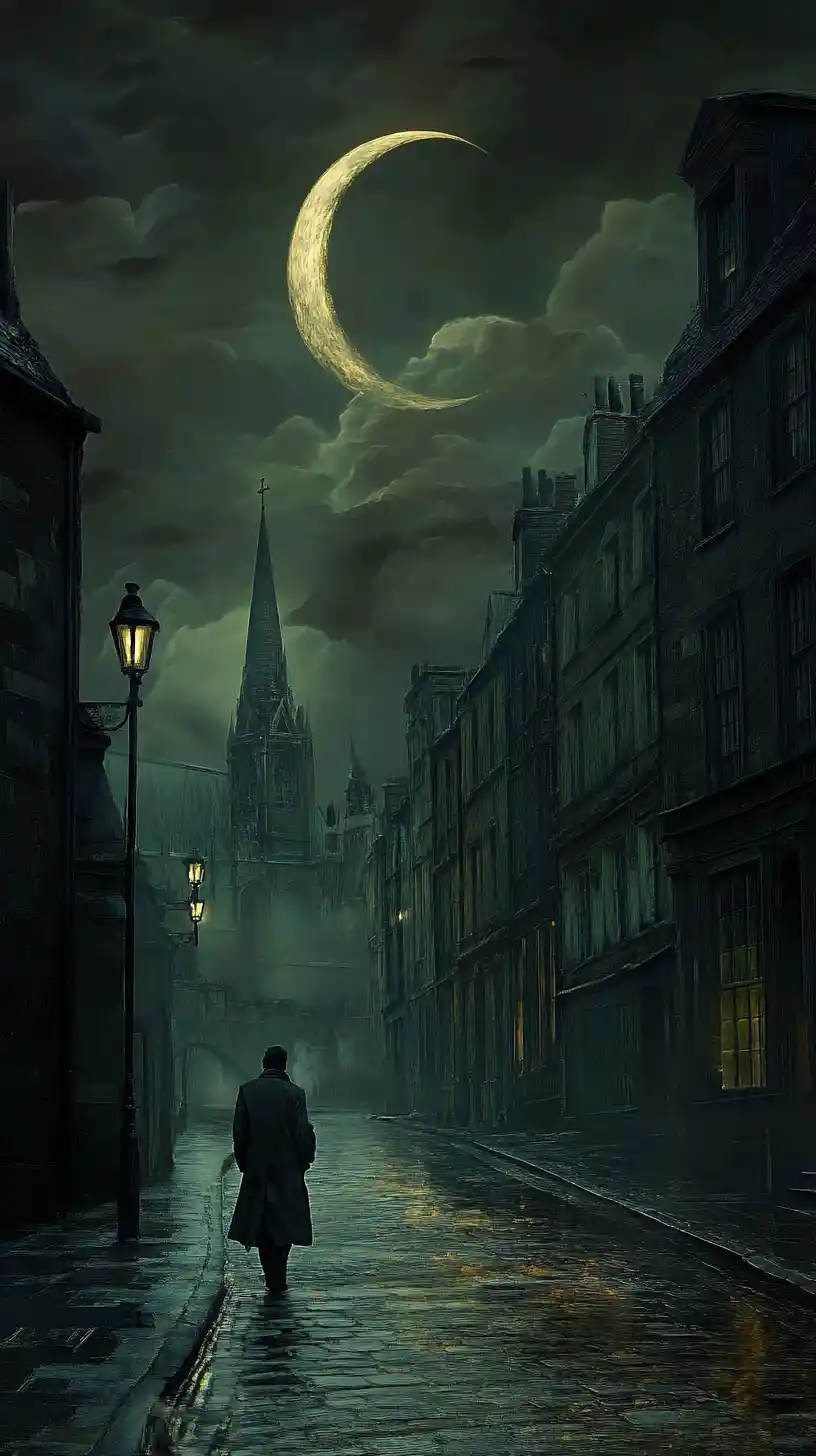 Man in trench coat walking down gloomy city street