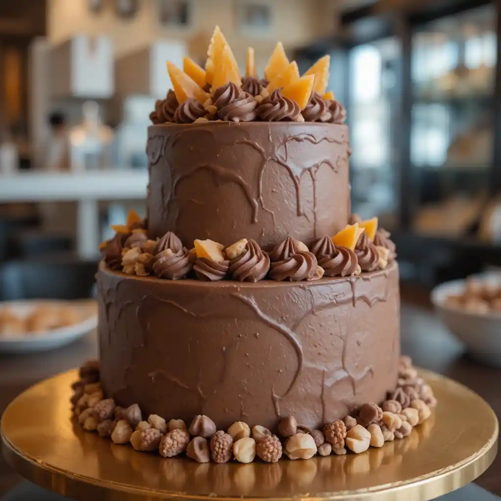 Pastel de capas de chocolate con caramelo en bandeja dorada