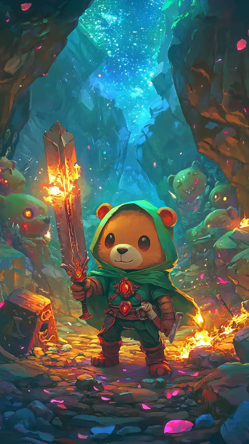 Chibi-Bärenheld mit Schwert in einer mystischen Höhle