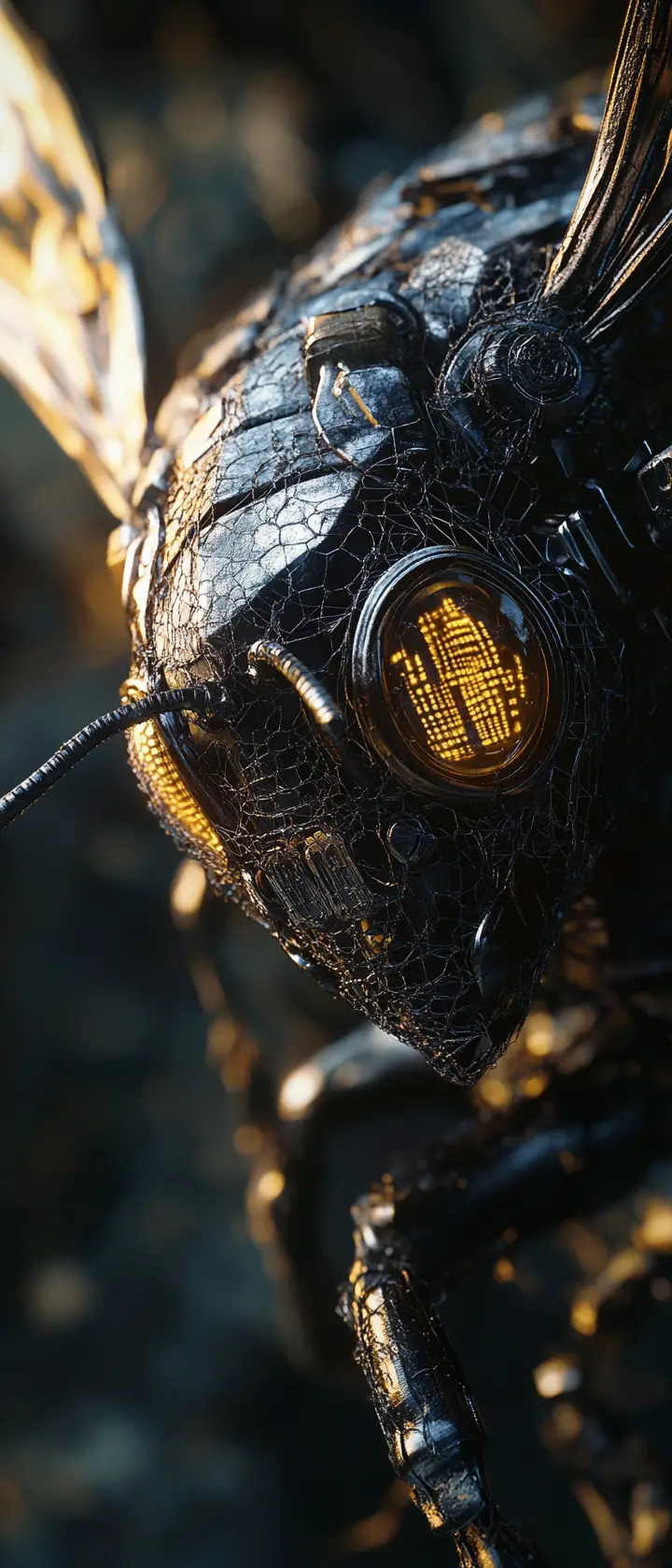 Hyperreal close up of a decayed mechanical cybernetic bee